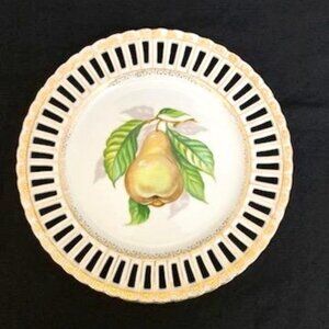 Vintage Ucagco Porcelain Ceramic Fruit Plate Pear Reticulated Gilded Japan